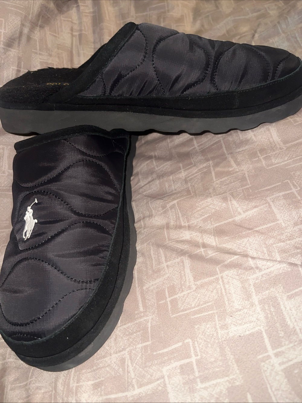Polo by Ralph Lauren Black Quilted Slip-On Slippers with White Polo Logo - Picture 3 of 6